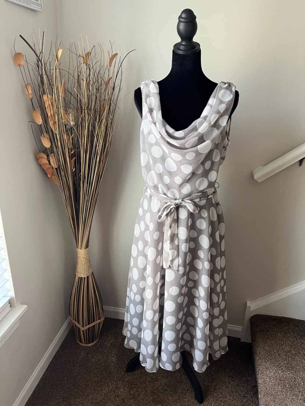Cowl Neck Polka Dot Midi Dress - Light Gray/White